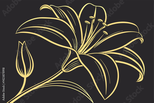 Black and Gold Flower Illustration Elegant Digital Floral Artwork for Luxury Design