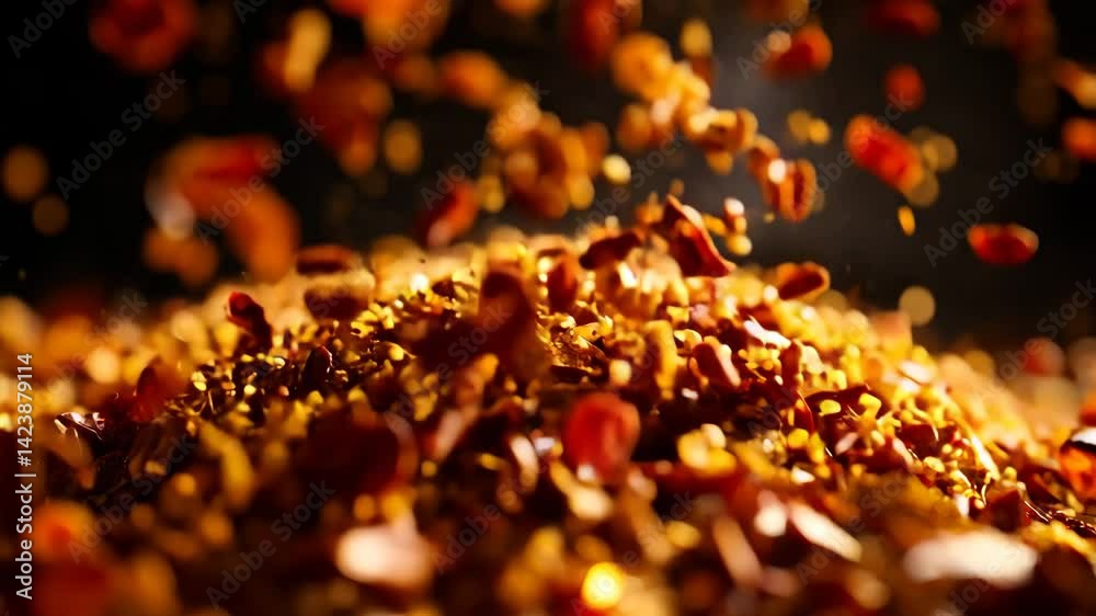 Close-up of dried chili flakes scattered Close-up of dried chili flakes scattered