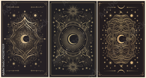A series of Tarot black and gold cards with a crescent moon, stars and mystical elements on them. Vector illustration