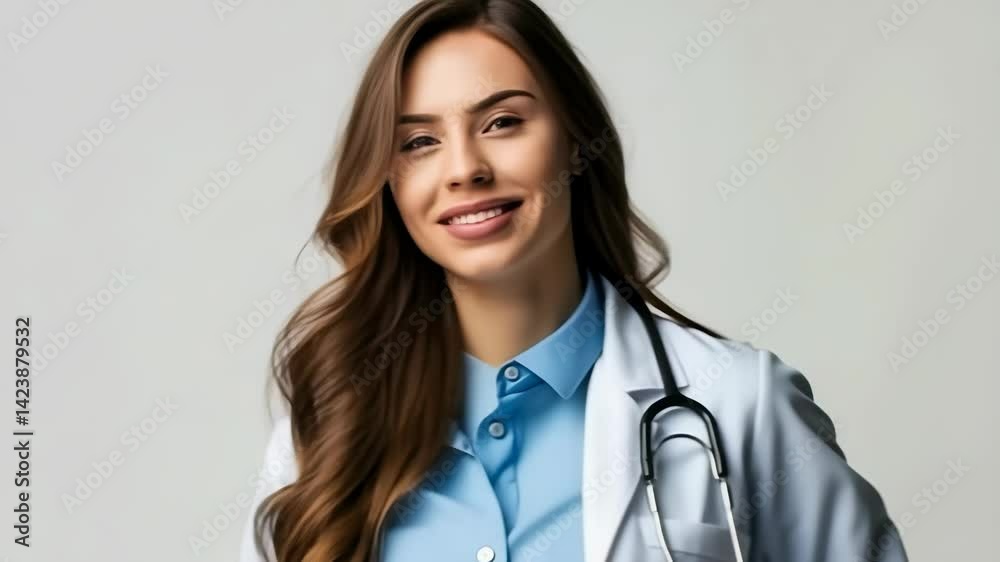 Close-up shot of a smiling young woman wearing a medical coat , stethoscope, conveying a sense of trust , competence. The image is suitable for use in healthcare-related materials , communications. Close-up shot of a smiling young woman wearing a medical coat , stethoscope, conveying a sense of trust , competence. The image is suitable for use in healthcare-related materials , communications.