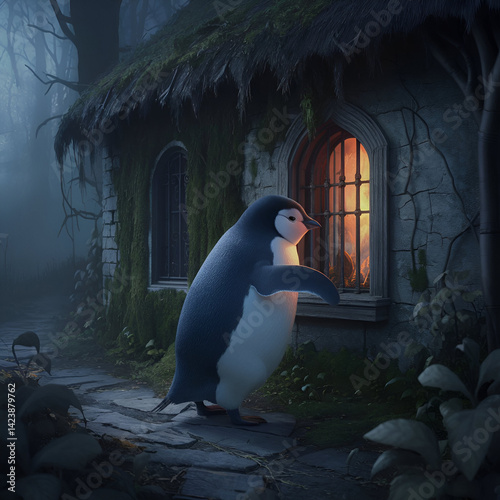 penguin near scary house in the night 