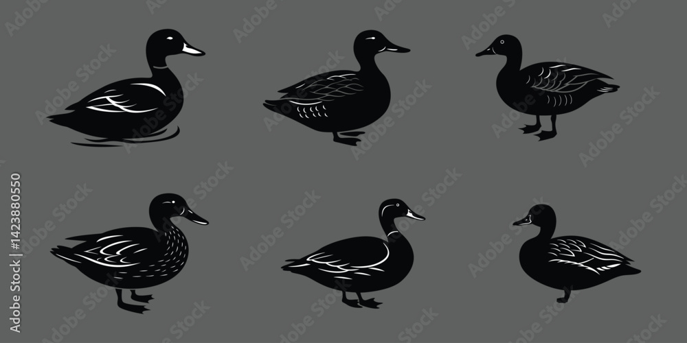 Fototapeta premium Collection of Black Duck Silhouettes in Various Poses