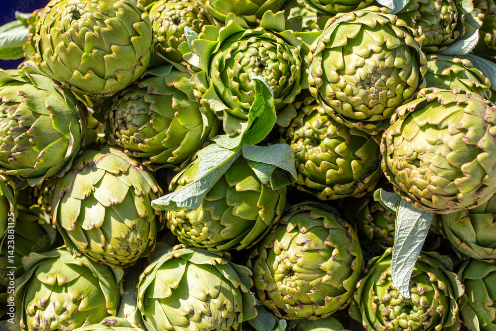 Green fresh organic artichoke in bazaar. Can be used as background texture.