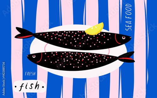 sea food , fish on the plate wit blue background, abstract, concept modern bright illustration, cover, wallpaper, print,  decoration, restaurant, cafe, vector