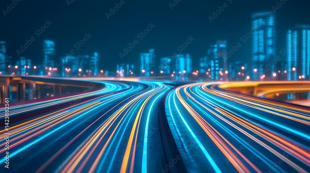 Fototapeta premium Futuristic Highway Curve with Glowing Blue Lights in Smart City Concept