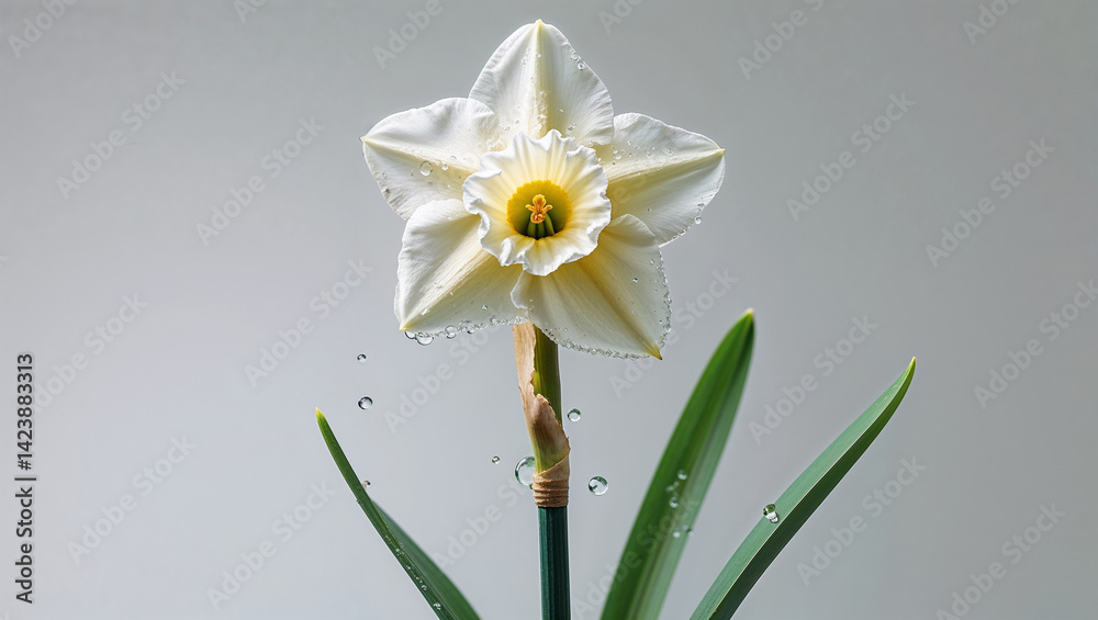Obraz premium Elegant White Narcissus Flower With Water Droplets Isolated On Grey Background