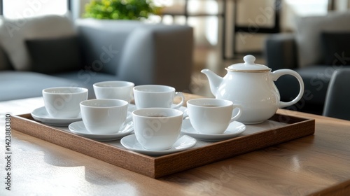 Wallpaper Mural Elegant Tea Service Displayed on Wooden Tray in Modern Living Room Setting Torontodigital.ca