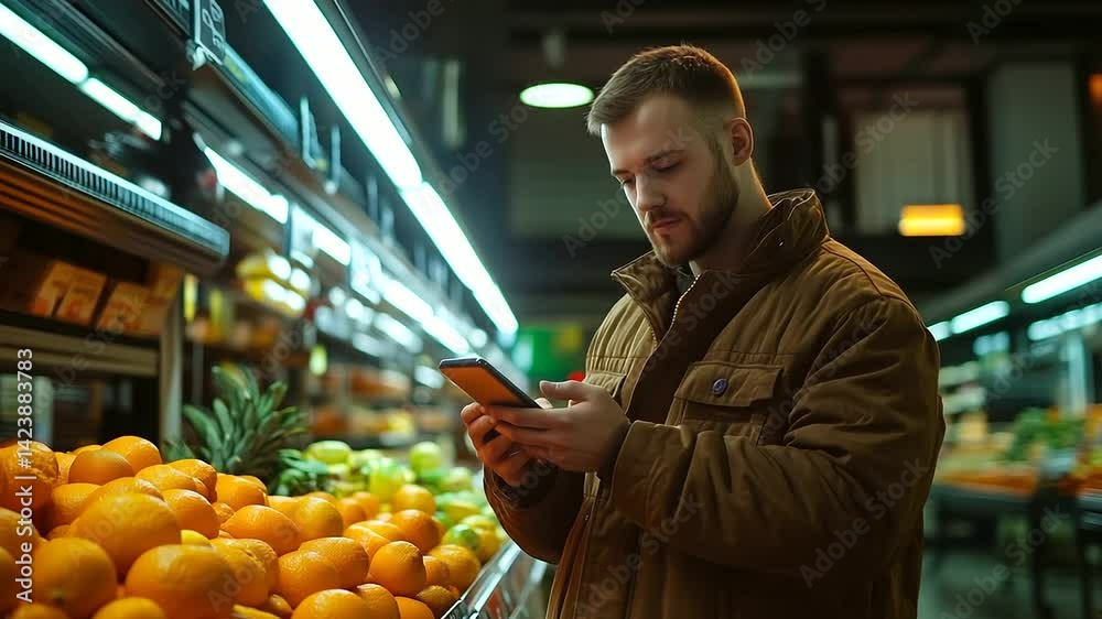 A confident man in a brown jacket stands near the produce section, holding his smartphone. Bright lights illuminate stacks of oranges and snack shelves as he engages with his mobil