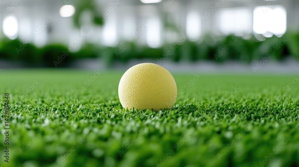 A yellow ball resting on vibrant green artificial grass, indoor setting with blurred background, and concept of leisure and play. A yellow ball resting on vibrant green artificial grass, indoor setting with blurred background, and concept of leisure and play.