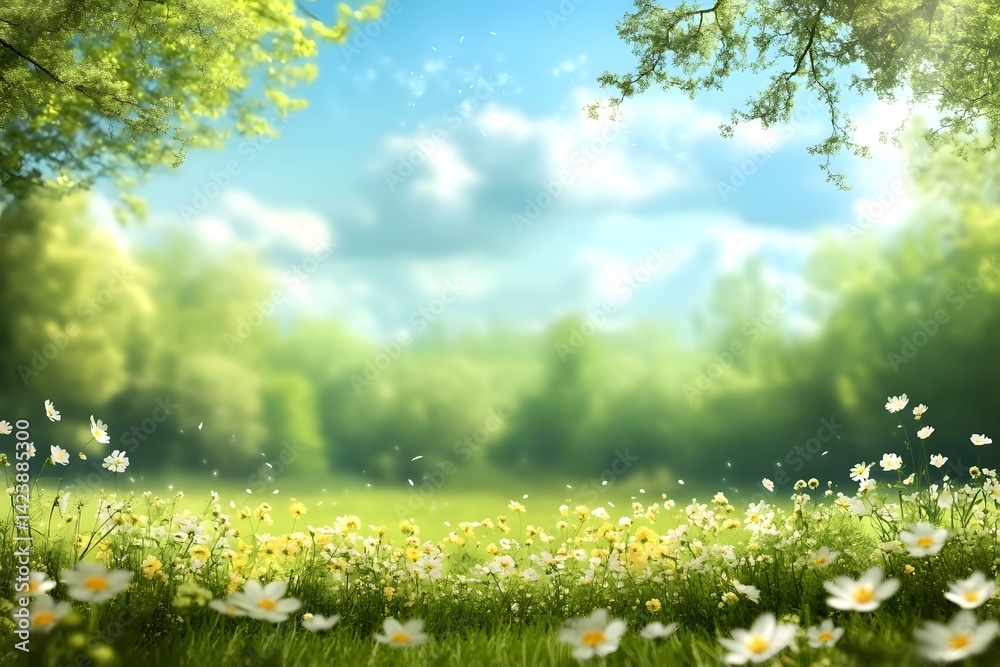 Fototapeta premium Blooming glade with blue sky.