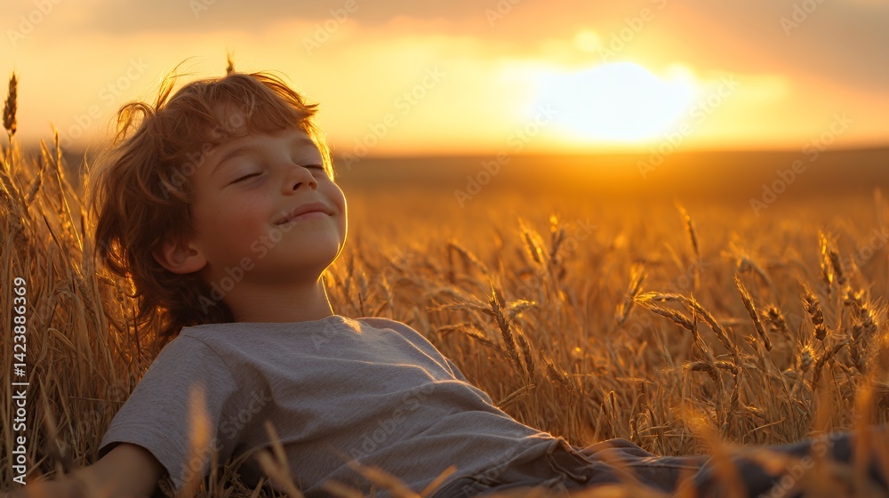 Obraz premium Joyful young boy relaxing in golden wheat field at sunset.