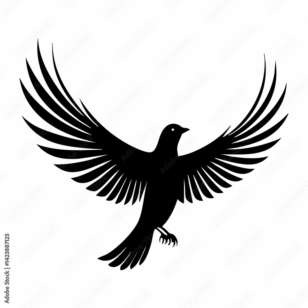 Fototapeta premium Flying Black Bird Silhouette Illustration with Open Wings, Isolated Vector Graphic.