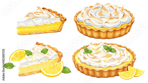 レモンメレンゲタルトケーキの水彩風イラストセット 洋菓子/スイーツ