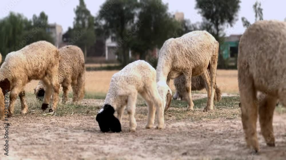 Group of Goats and Sheep Grazing in a Rural Field with Village Background Group of Goats and Sheep Grazing in a Rural Field with Village Background