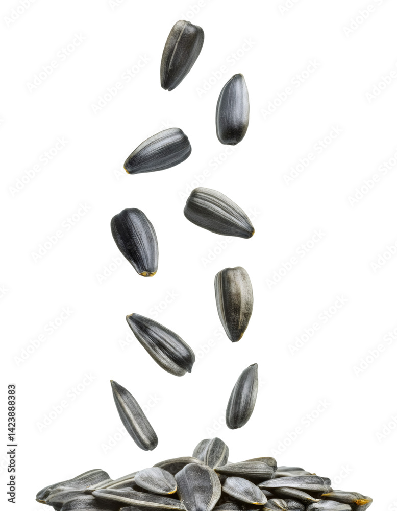 Sunflower seeds falling and piling up on a transparent background, perfect for adding to any design