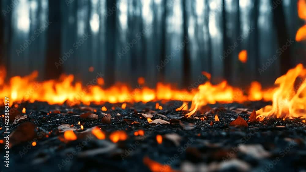 A wild forest floor engulfed in orange flames, dry leaves crackling under the heat. The image serves as a compelling visual for promoting fire safety and raising awareness about th A wild forest floor engulfed in orange flames, dry leaves crackling under the heat. The image serves as a compelling visual for promoting fire safety and raising awareness about th