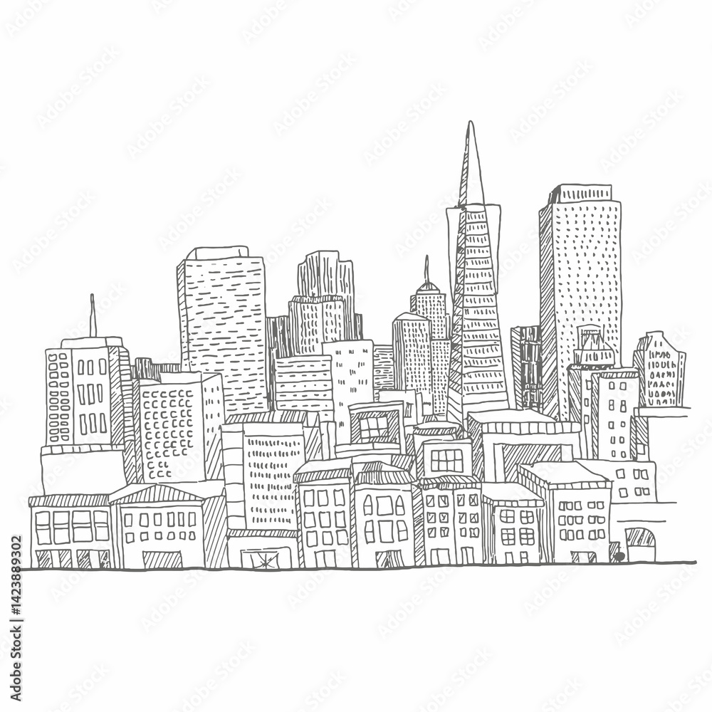 Naklejka premium Vintage city skyline engraved illustration featuring architectural details and distinct buildings for historical urban art