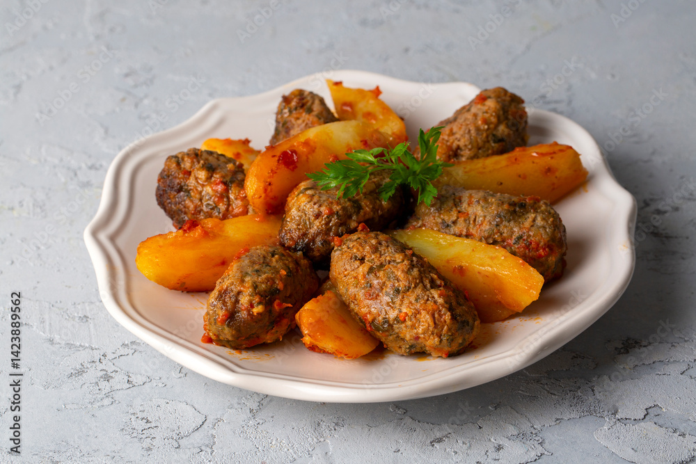 Traditional Homemade Turkish Food Kofte - Kofta with Tomato Sauce and Potatoes. (Turkish name; Izmir kofte)