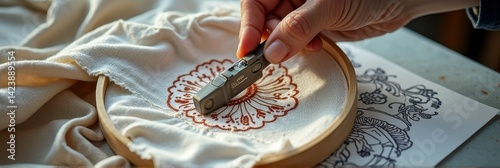 Hand embroidering fabric with artisanal pattern and precision tool