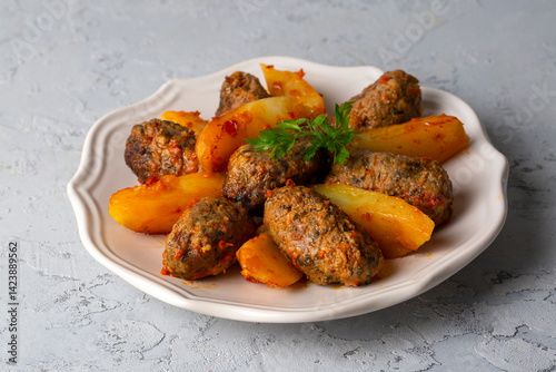 Obraz na płótnie Traditional Homemade Turkish Food Kofte - Kofta with Tomato Sauce and Potatoes. (Turkish name; Izmir kofte) w salonie