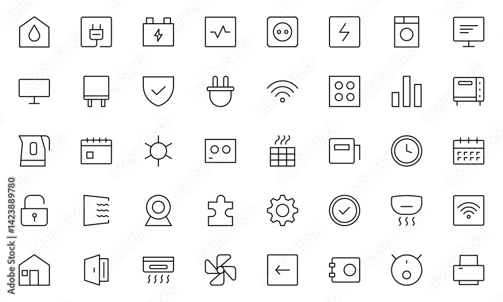 Smart house Line icon set. Sustainable development. Contains such icons as renewable energy, autonomous building, air and water quality. Smart house Line icon set. Sustainable development. Contains such icons as renewable energy, autonomous building, air and water quality.