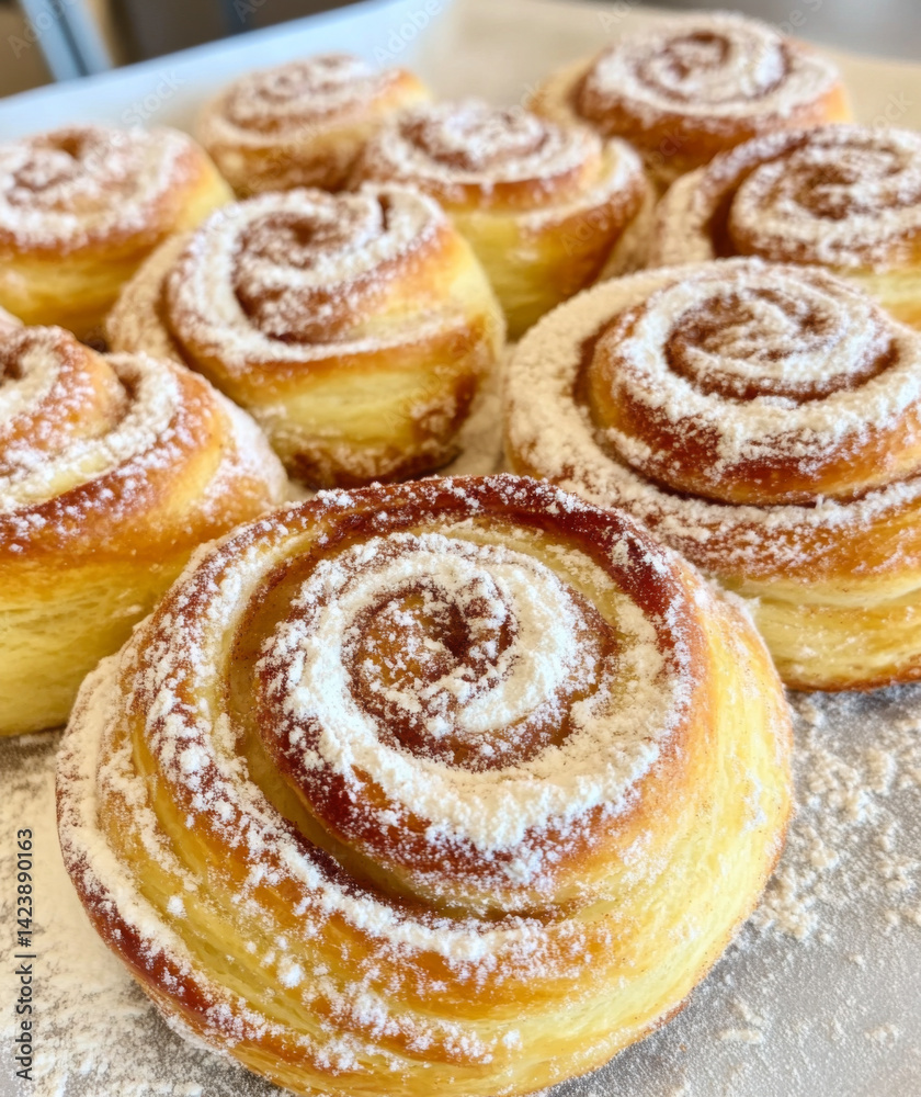 Cinnamon rolls with powdered sugar on top; charming baked goods on display