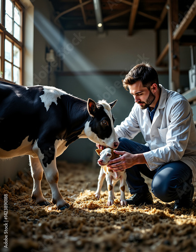 Veterinarian caring for calf and cow in sunlit barn interior: rural animal welfare theme