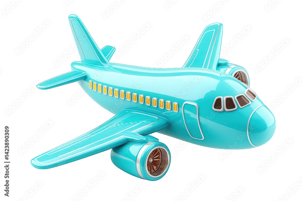 Colorful turquoise airplane model on transparent background perfect for decoration or educational purposes about aviation, travel, and flying experiences Colorful turquoise airplane model on transparent background perfect for decoration or educational purposes about aviation, travel, and flying experiences