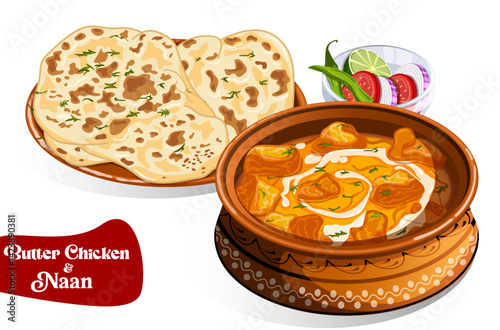 Chicken Makhani & Naan in Earthen Handi and Thali with Salad. Indian Dhaba Style Traditional Butter Chicken Illustration
