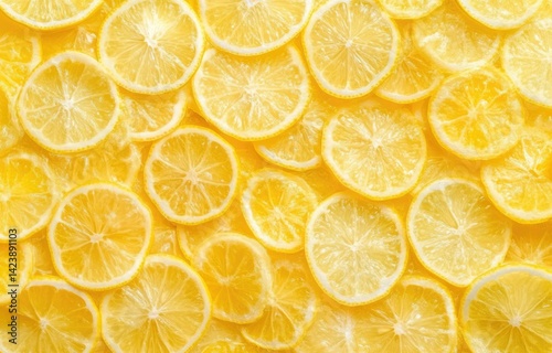 Vibrant and refreshing background composed entirely of fresh lemon slices arranged in a visually striking pattern, perfect for web banners, advertising, or digital design projects with ample copy spac