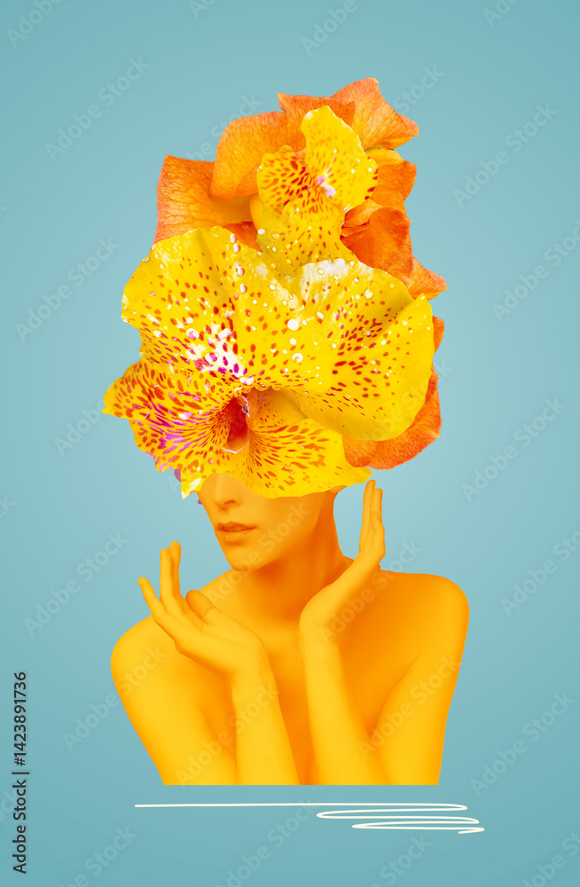 Abstract contemporary art design or portrait of young woman with flowers on face hides her eyes