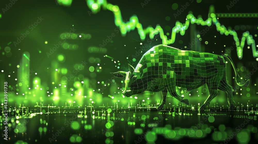 Obraz premium Glowing Green Digital Bull - Futuristic 3D Rendering in Abstract Cityscape, Innovative Finance Concept with Luminous Details