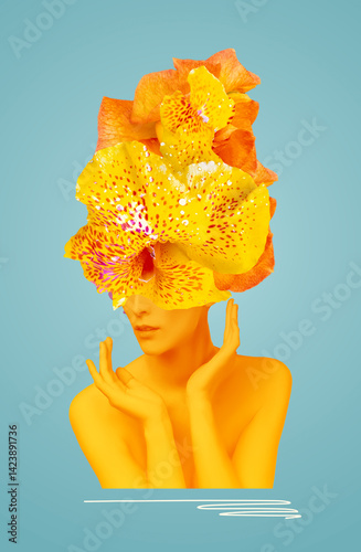 Obraz na płótnie Abstract contemporary art design or portrait of young woman with flowers on face hides her eyes w salonie