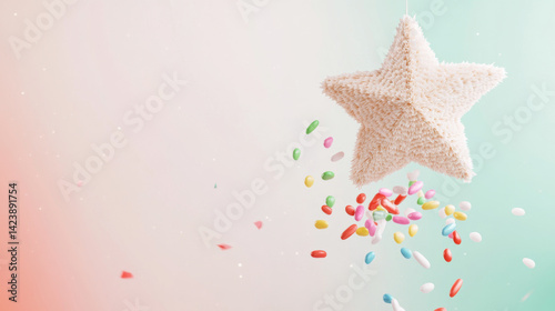 Cinco de mayo star-shaped pinata with colorful falling candies
