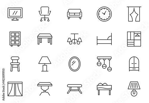 Home Decor line icon set. Kitchen, living room, decoration, bedroom, interior design, dishes, devices, finishing, household, appliances, stylish line icon set
