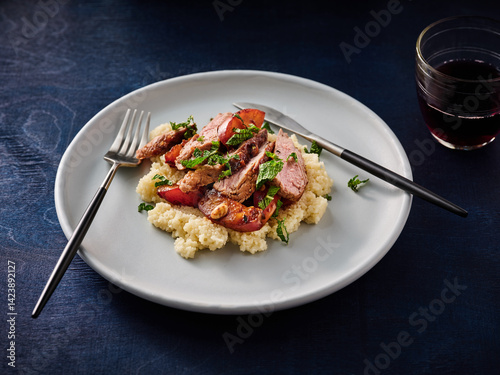 A flavorful dish features tender beef slices layered over fluffy couscous, garnished with fresh peach, mint, and a glass of red beverage on a dark wooden table