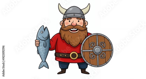 Cheerful cartoon viking holding fish and shield historical illustration for websites and kids books