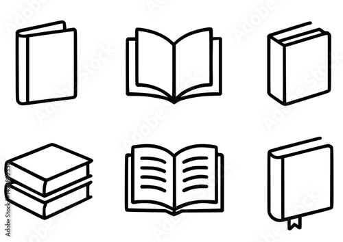 Books Icon Set – Open Book, Stack, Bookmark, and Closed Book Designs