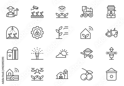 Smart farm agriculture line icon set. Farming, gardening, agriculture, digital, ideas, food, animals, seeding, plants, and harvesting icon collection. outline icon set