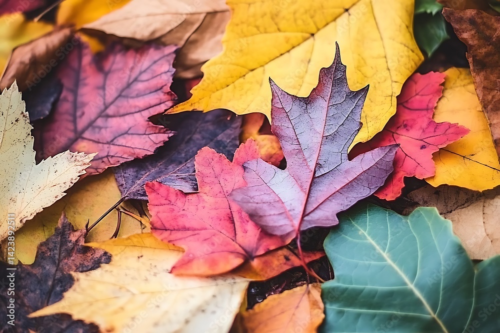 Obraz premium A pile of colorful autumn leaves spread out on the ground