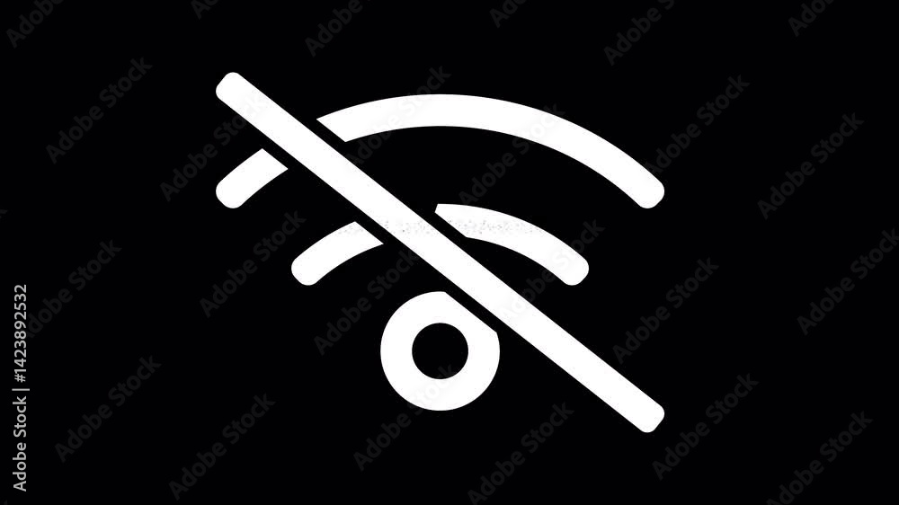 Icon wifi slash is distorted. Glitch. Noise, chromatic aberration, geometric distortion. Transparent background, looped. In-Out looped. Alpha BW at the end