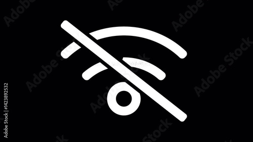 Icon wifi slash is distorted. Glitch. Noise, chromatic aberration, geometric distortion. Transparent background, looped. In-Out looped. Alpha BW at the end