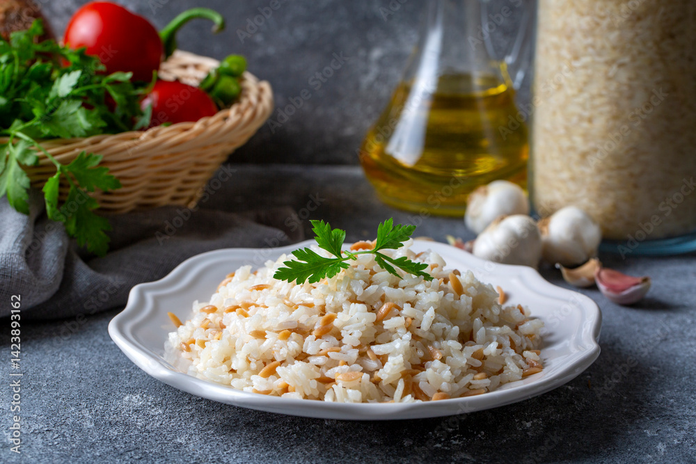 Traditional delicious Turkish food; Turkish style rice pilaf (Turkish name; Arpa sehriyeli pirinc pilavi)