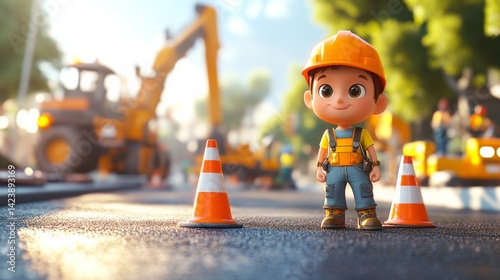 cartoon construction worker with hardhat stands on road looking happy