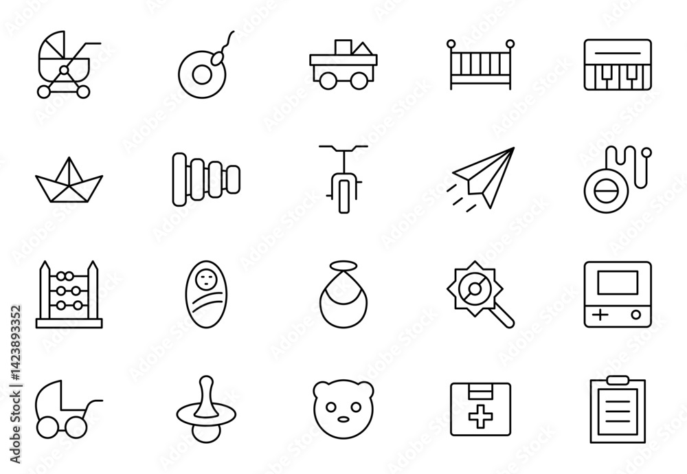 Baby Product and Game outline Icon Set. A charming collection of icons designed for parents and caregivers, perfect for websites, apps, and marketing Baby Product and Game outline Icon Set. A charming collection of icons designed for parents and caregivers, perfect for websites, apps, and marketing