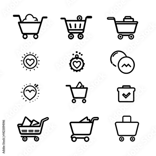 ショッピングカートとハートアイコンセット｜Shopping Cart and Heart Icon Set