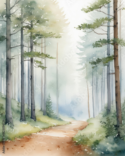 A serene forest path surrounded by tall trees, covered in mist, inviting exploration and tranquility.