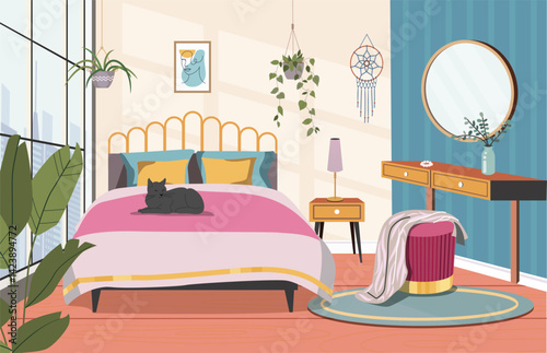 Bedroom interior. Comfortable bed, window,  chai and dressing table. Vector flat cartoon illustration