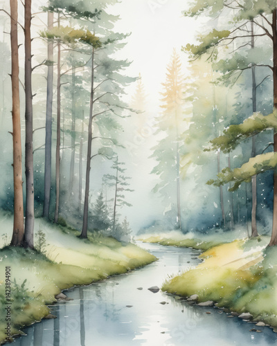 A tranquil river flows through a misty forest, surrounded by tall trees and soft light, creating a serene natural landscape.