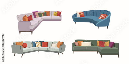 Corner sofa with pillows  isolated set.  Home furniture. Cartoon vector illustration.